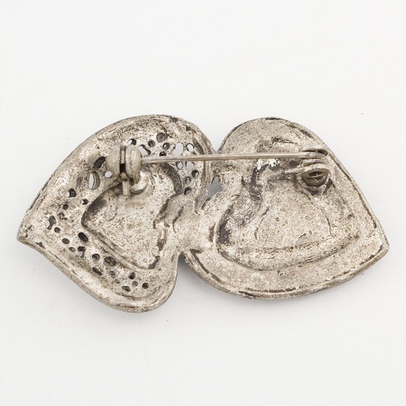 Vintage Double Heart Brooch Pin Black Enamel Silver Tone - Picture 3 of 4